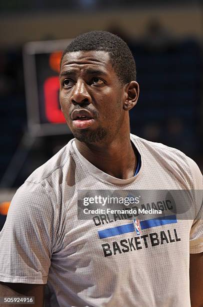 Andrew Nicholson of the Orlando Magic warms up before the game against the Philadelphia 76ers on January 20, 2016 at Amway Center in Orlando,...