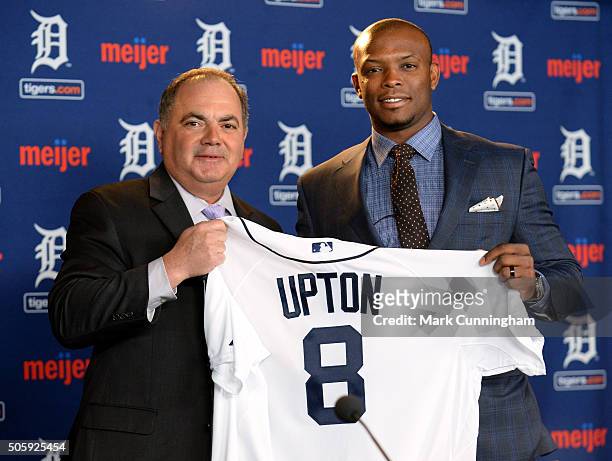Detroit Tigers Executive Vice President of Baseball Operations and General Manager Al Avila poses for a photo with newest Tiger Justin Upton during...