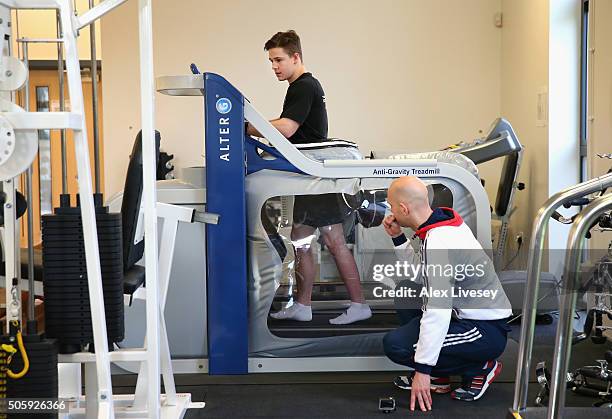 Brinn Bevan of the British Gymnastics Team is put through a workout by physio Nathan Ring during a rehab session at Lilleshall National Sports Centre...