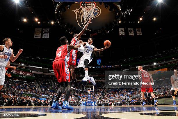 Keith Appling of the Orlando Magic goes for the layup against the Philadelphia 76ers during the game on January 20, 2016 at Amway Center in Orlando,...