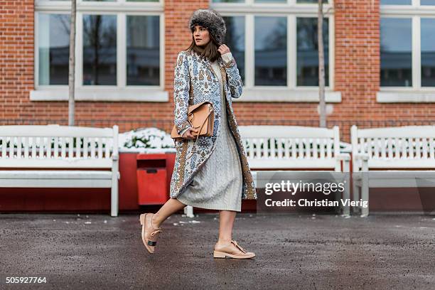 Fashion blogger Nina Schwichtenberg of Fashiioncarpet wearing Tory Burch coat, Villa dress, Chloe bag, Marni shoes, Roeckl gloves, Zara hat during...