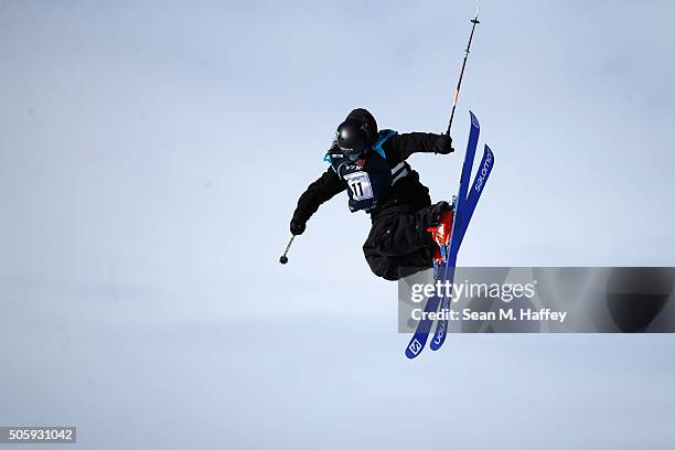 James Woods of Great Britain takes a practice run on the Slopestyle course during the 2016 Visa U.S. Freeskiing Grand Prix at Mammoth Mountain Resort...