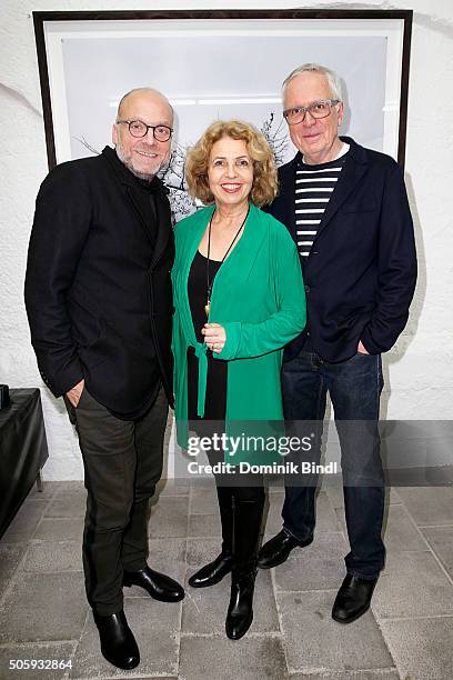 Freddy Kornfeld , Michaela May and Hubertus Hamm during the 'Hubertus Hamm - Time Modelling' exhibition preview on January 20, 2016 in Munich,...