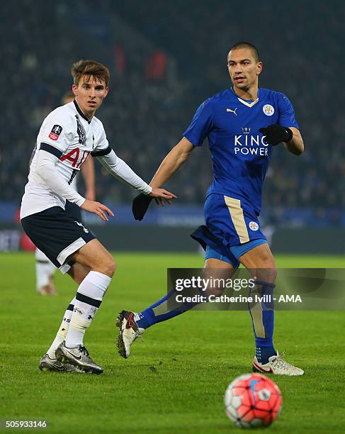 Tom Carroll of Tottenham Hotspur and Gokhan Inler of Leicester City during the Emirates FA Cup match between Leicester City and Tottenham Hotspur at...