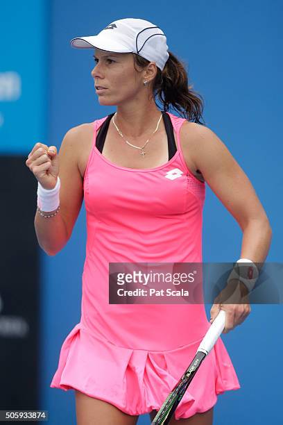 Varvara Lepchenko of the United States celebrates in her second round match against Lara Arruabarrena of Spain during day four of the 2016 Australian...