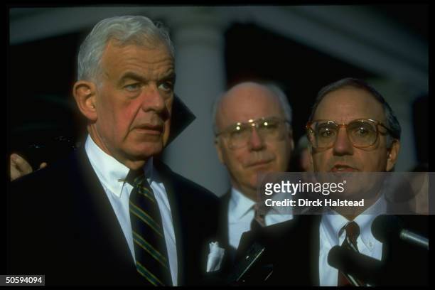 Senators Mitchell & Leahy & House Spkr. Tom Foley outside WH, w. Press, after ldrship mtg. W. Pres. Bush on Iraq & gulf crisis.