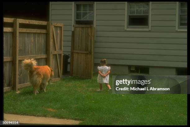 Yr-old Jessica DeBoer walking w. Dog Miles, re adoptive parents loss of custody battle resulting in her imminent return to biological parents.