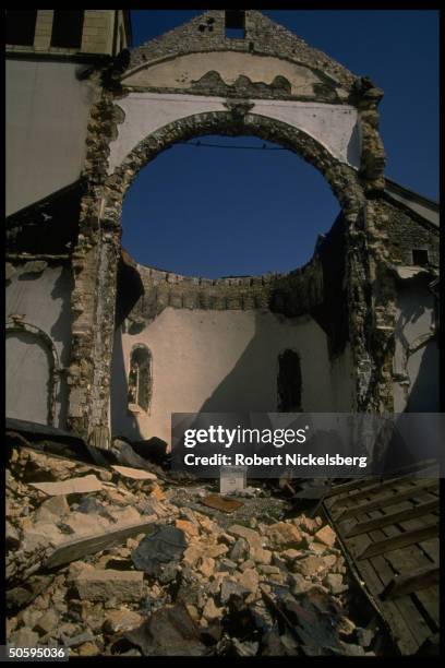 Shell of church destroyed by Serb forces, on Croat HVO-held civil war front on western bank of Neretua River in former Yugoslav republic.