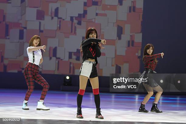South Korea girls band A Pink attend the opening ceremony of 2016 South Korea Tourism Year at Century Theater on January 20, 2016 in Beijing, China.