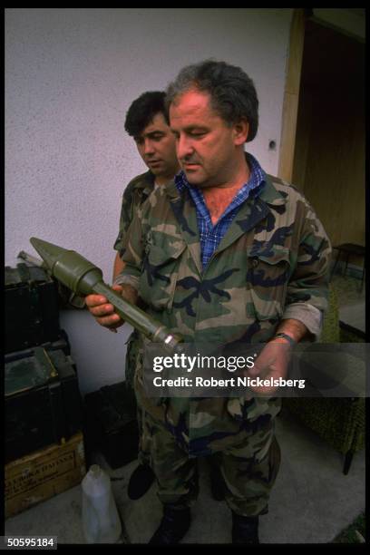 Bosnian Serb soldier w. Italian-made rocket-type weapon captured in tri-ethnic civil war.