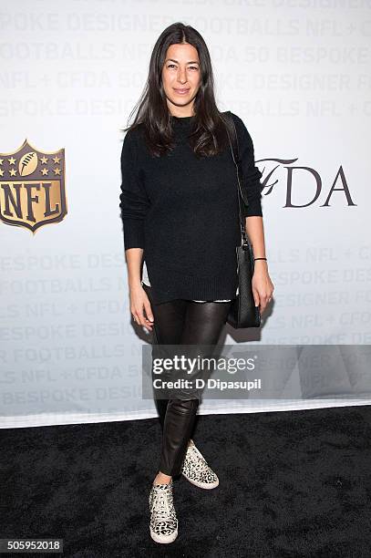 Fashion designer Rebecca Minkoff poses on the carpet as the NFL Unveils Super Bowl 50 Bespoke Designer Footballs in Collaboration with the CFDA at...