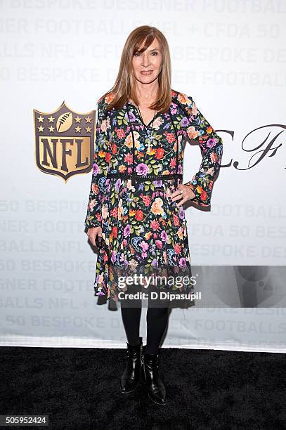 Fashion designer Nicole Miller poses on the carpet as the NFL Unveils Super Bowl 50 Bespoke Designer Footballs in Collaboration with the CFDA at NFL...
