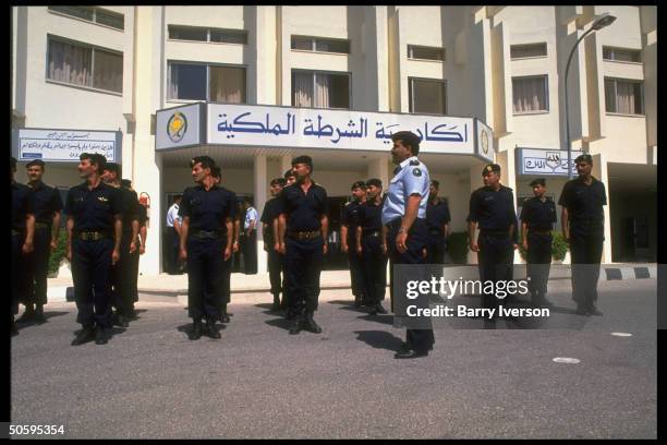 Future Palestinian police force under Israel/PLO Gaza Jericho autonomy peace plan training in riot control at Royal Police Academy.