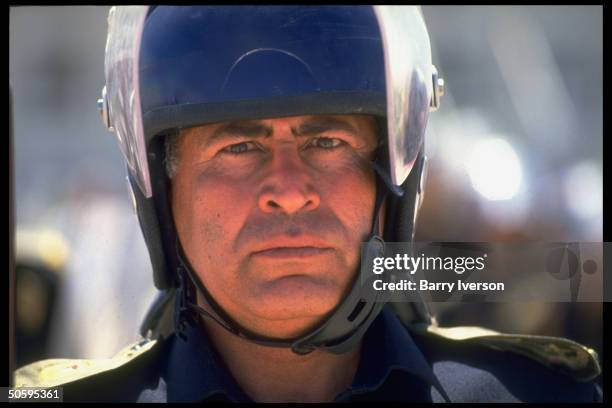 Future Palestinian police force under Israel/PLO Gaza Jericho autonomy peace plan training in riot control at Royal Police Academy.