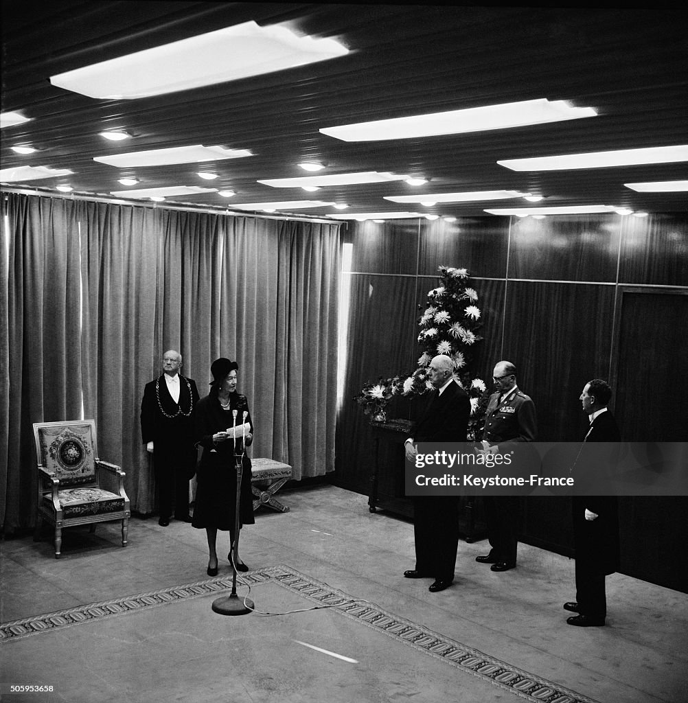 The Grand Duchess Charlotte Of Luxembourg And Prince Felix With President Charles De Gaulle At Paris Orly Airport For An Official Visit In France