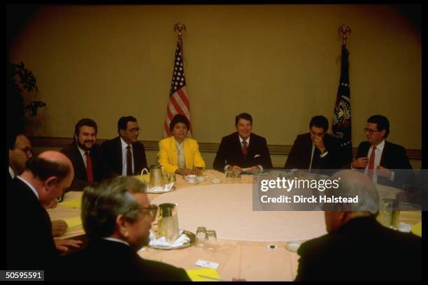 Pres. Reagan mtg. W. Nicaraguan contra ldrs. Maria Azucema Ferrey, Enrique Bermudez & Alfonso Robelo, at Century Plaza Hotel.