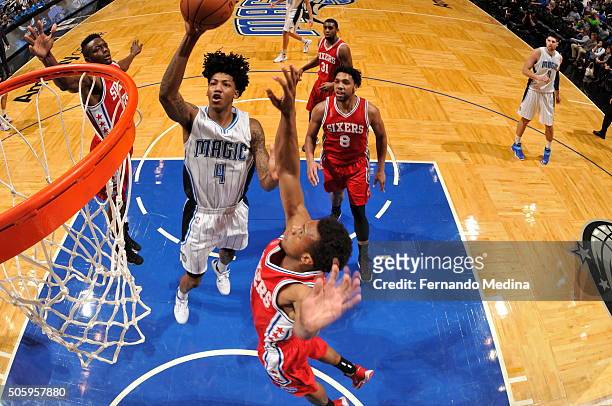 Elfrid Payton of the Orlando Magic shoots against the Philadelphia 76ers during the game on January 20, 2016 at Amway Center in Orlando, Florida....
