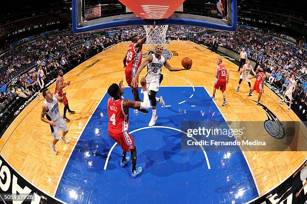 Keith Appling of the Orlando Magic goes for the dunk against the Philadelphia 76ers during the game on January 20, 2016 at Amway Center in Orlando,...