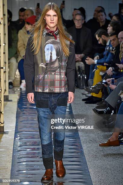 Model walks the runway at the Antonio Marras show during Milan Men's Fashion Week Fall/Winter 2016/17 on January 18, 2016 in Milan, Italy.