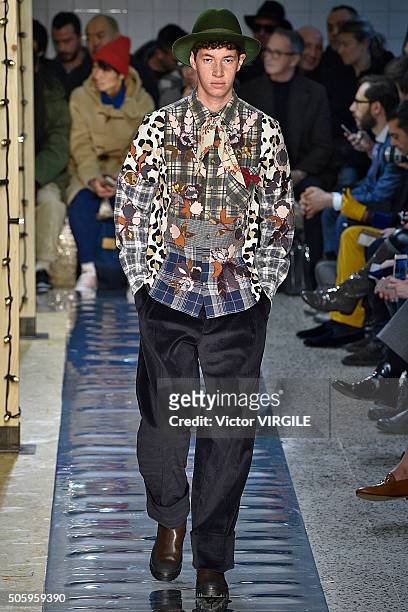 Model walks the runway at the Antonio Marras show during Milan Men's Fashion Week Fall/Winter 2016/17 on January 18, 2016 in Milan, Italy.