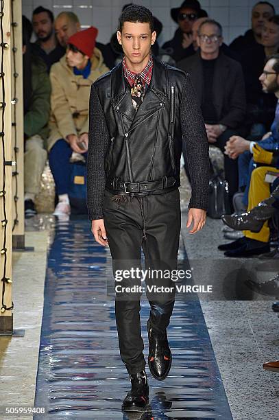 Model walks the runway at the Antonio Marras show during Milan Men's Fashion Week Fall/Winter 2016/17 on January 18, 2016 in Milan, Italy.