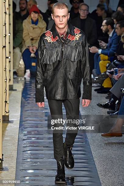 Model walks the runway at the Antonio Marras show during Milan Men's Fashion Week Fall/Winter 2016/17 on January 18, 2016 in Milan, Italy.