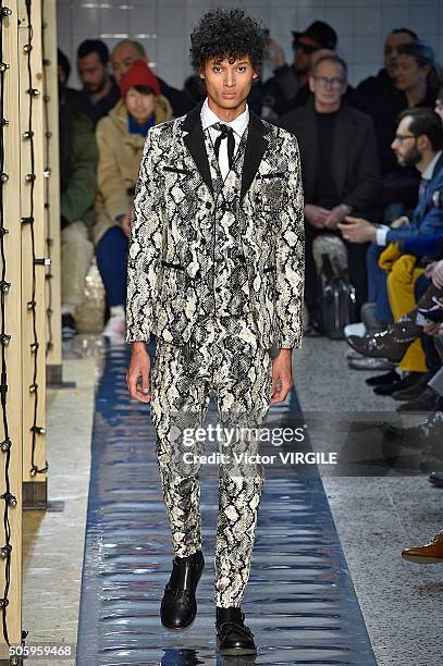 Model walks the runway at the Antonio Marras show during Milan Men's Fashion Week Fall/Winter 2016/17 on January 18, 2016 in Milan, Italy.