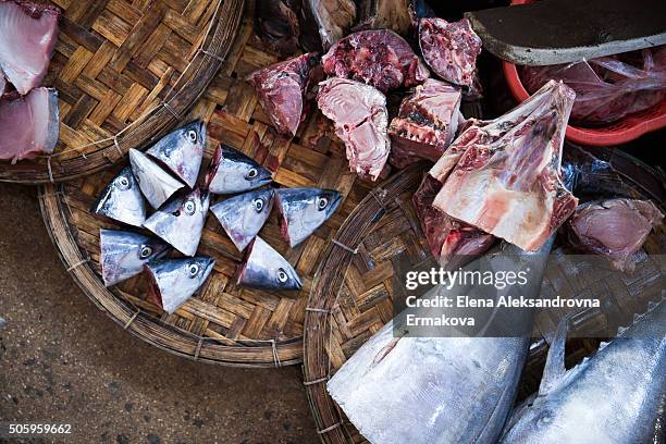 baskets with fresh raw fish, vietnam - nha trang stock pictures, royalty-free photos & images
