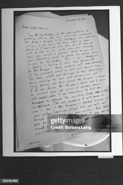 Letter written by Thomas Michael Humphrey to his sentencing judge re TX Sen. Bob Krueger & wife Kathleen Tobin Krueger; Humphrey worked as a campaign...