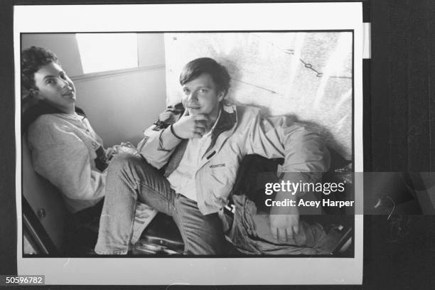 Hofstra Univ. Prof Douglas Brinkley sitting nr. Unident. Male student onboard the Majic Bus which Brinkley & 26 students fr. His An Amer. Odyssey:...