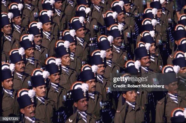 Soldiers in regimental dress uniform marching in annual Republic Day parade incl. Army, Navy, Air Force, Natl. Cadet Corps, para-mil. & auxiliary...