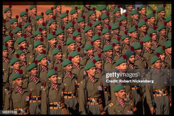 Soldiers in regimental dress uniform marching in annual Republic Day parade incl. Army, Navy, Air Force, Natl. Cadet Corps, para-mil. & auxiliary...