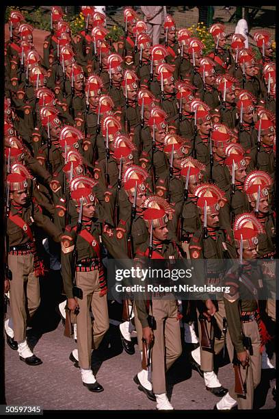 Members of The Guards in regimental dress uniform marching in annual Republic Day parade incl. Army, Navy, Air Force, Natl. Cadet Corps & para-mil.