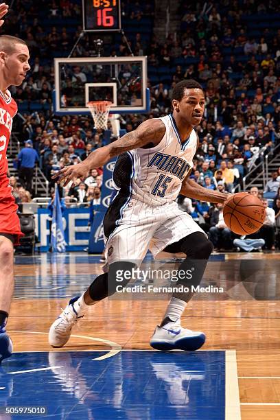 Keith Appling of the Orlando Magic defends the ball against the Philadelphia 76ers during the game on January 20, 2016 at Amway Center in Orlando,...