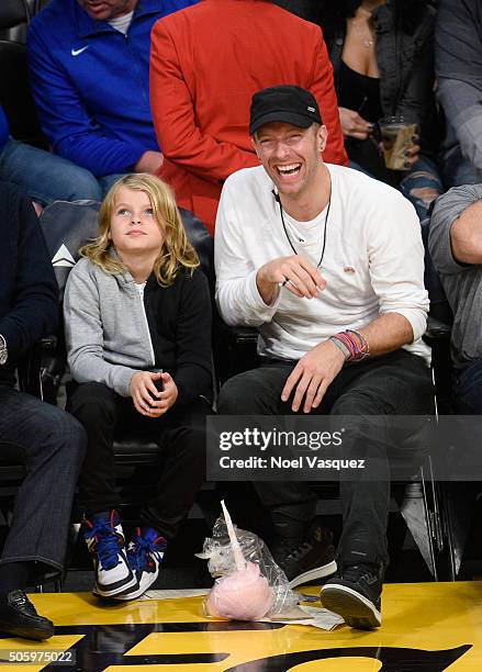 Chris Martin and his son Moses Martin attend a basketball game between the Sacramento Kings and the Los Angeles Kings at Staples Center on January...