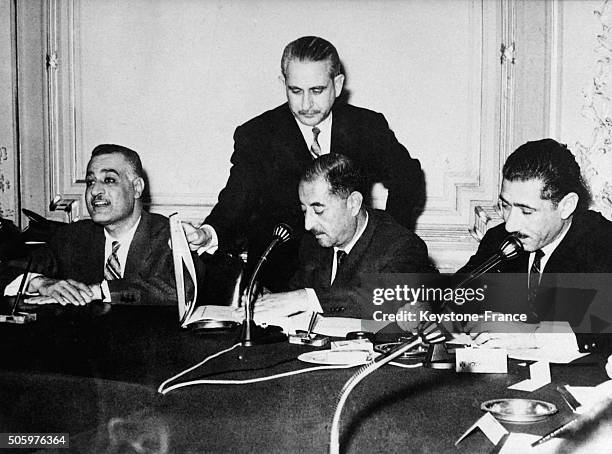 President Nasser And Iraqi Prime Minister Ahmed Hassan El Bakr At the Signature Of The New Status Of United Arab Republic With Egypt, Iraq And Syria...