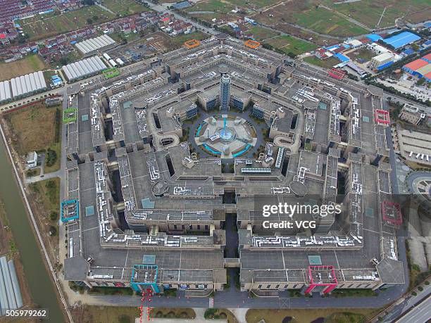 Image shows an aerial view of Shanghai Pentagonal Mart in Huinan Town of Pudong District on January 20, 2016 in Shanghai, China. A Pentagonal mart in...