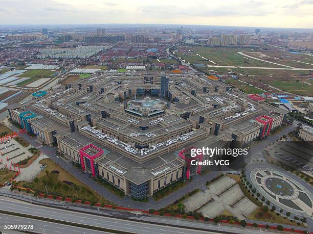 Image shows an aerial view of Shanghai Pentagonal Mart in Huinan Town of Pudong District on January 20, 2016 in Shanghai, China. A Pentagonal mart in...