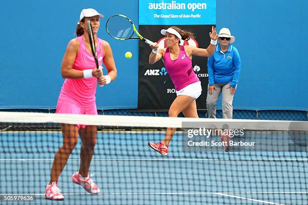 Irina Falconi and Varvara Lepchenko of the United States during their first round doubles match against Alison Bai and Naiktha Bains of Australia...