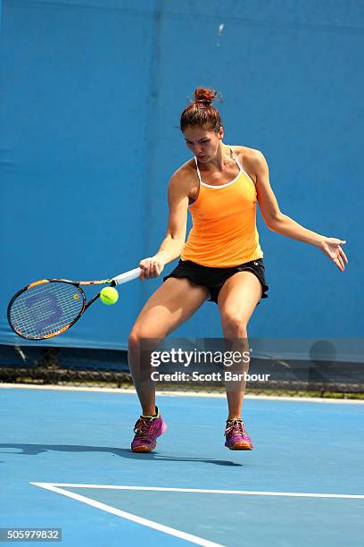 Margarita Gasparyan of Russia celebrates in her first round doubles match against Zarina Diyas of Kazakhstan and Kai-Lin Zhang of China during day...