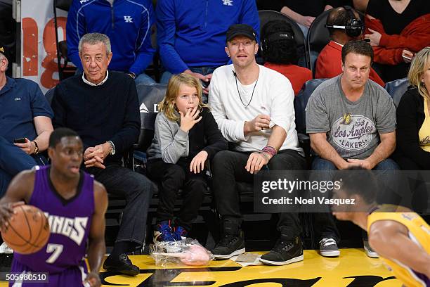 Chris Martin and his son Moses Martin attend a basketball game between the Sacramento Kings and the Los Angeles Kings at Staples Center on January...