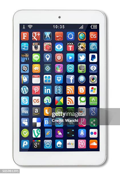 popular app icons on white tablet computer - google social networking service stock pictures, royalty-free photos & images