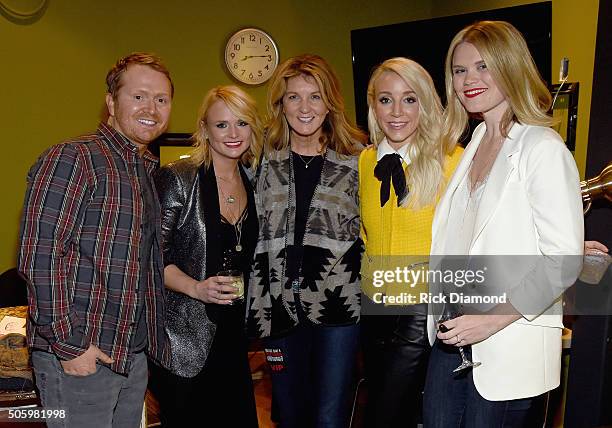 Shane McAnally, Miranda Lambert, Marion Kraft, Ashley Monroe and Nicolle Galyon pose backstage during Roadside Bars and Pink Guitars: Unplugged at...