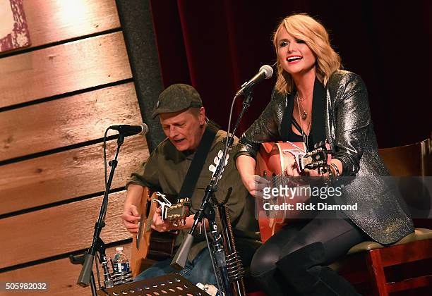 Singer songwriter Miranda Lambert and guitarist Scotty Wray perform onstage during Roadside Bars and Pink Guitars: Unplugged at City Winery Nashville...
