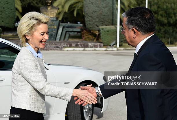 German defence minister Ursula von der Leyen shakes hands with Turkish Defense Minister Ismet Yilmaz during a visit of the German Armed Forces...