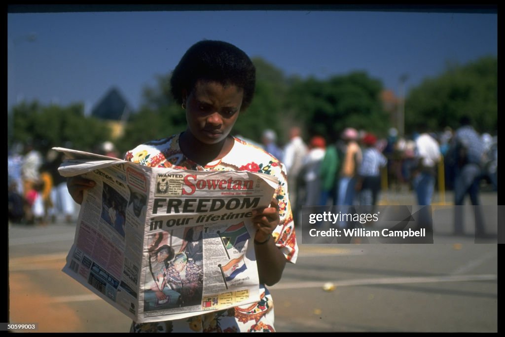 Read Freedom Woman reading FREEDOM in our lifetime headlined SOWETAN on 1st... News ...
