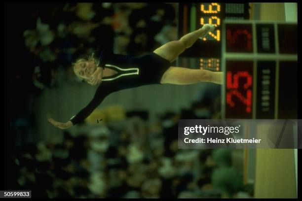 Gymnast & anorexia nervosa sufferer Cathy Rigby performing floor exercise routine at unident. Competition.