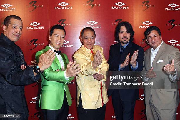 Brian LaRoda, actor Donnie Yen, Grandmaster William Cheung, James Cheung, and Jose Zavala attend the premiere of Well Go USA Entertainment's "Ip Man...