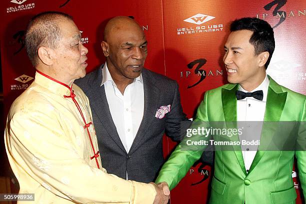 Grandmaster William Cheung, actors Mike Tyson, Donnie Yen attend the premiere of Well Go USA Entertainment's "Ip Man 3" held at Pacific Theatres at...