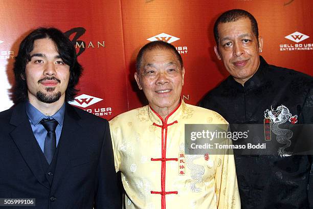 James Cheung, Grandmaster William Cheung and Brian LaRoda attend the premiere of Well Go USA Entertainment's "Ip Man 3" held at Pacific Theatres at...